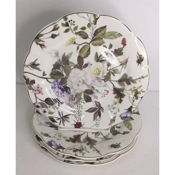 4 Salad Plates Stechcol Gracie Bone China Coastline WhitePurple7 1/2" New
